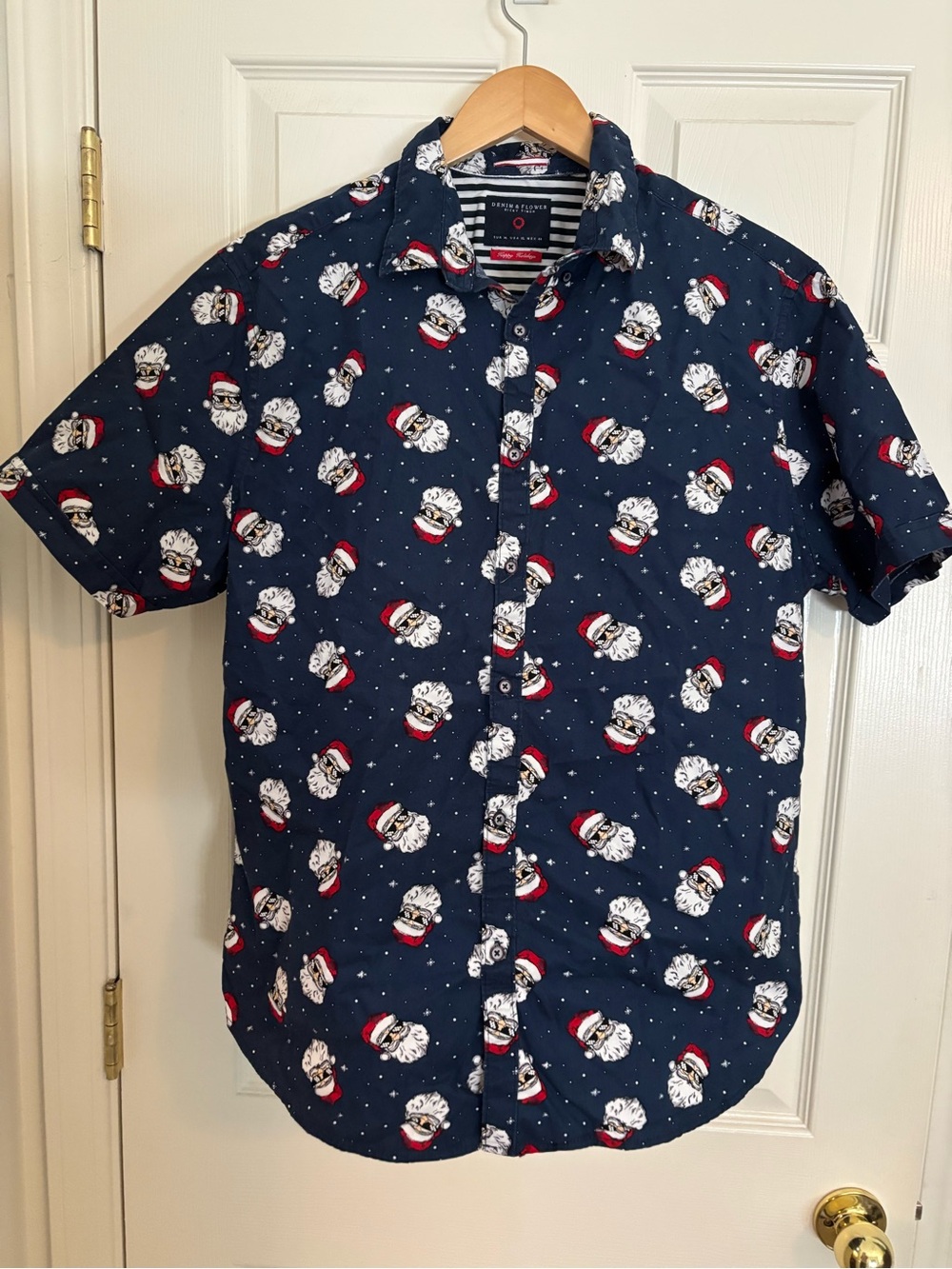 Denim & Flower Navy Short-Sleeve Button-Up with Red & White Novelty Faces